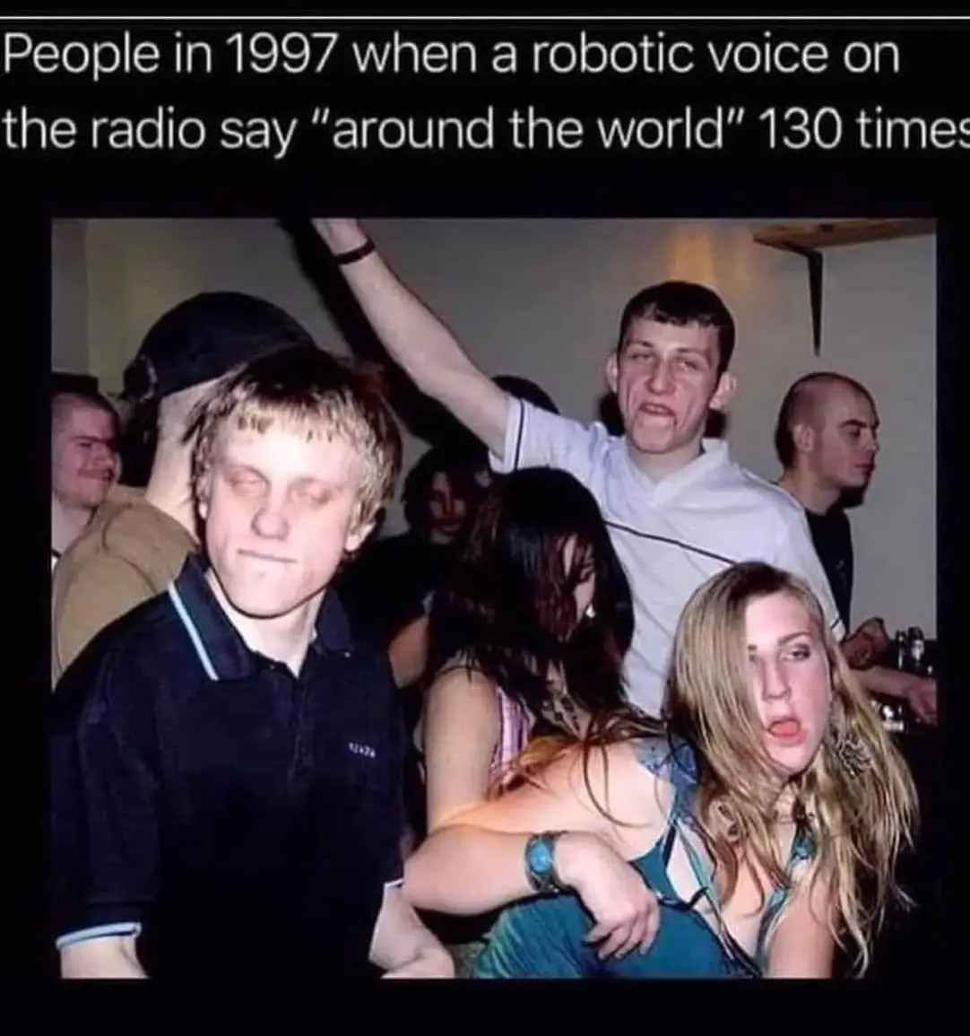 This meme is a humorous image of a group of people in a nightclub, likely in the 1990s, with a caption referencing the song "I Want It That Way" by the Backstreet Boys. The caption reads: "In 1999, I was at a party and the DJ played 'I Want It That Way' and I just wanted it that way."